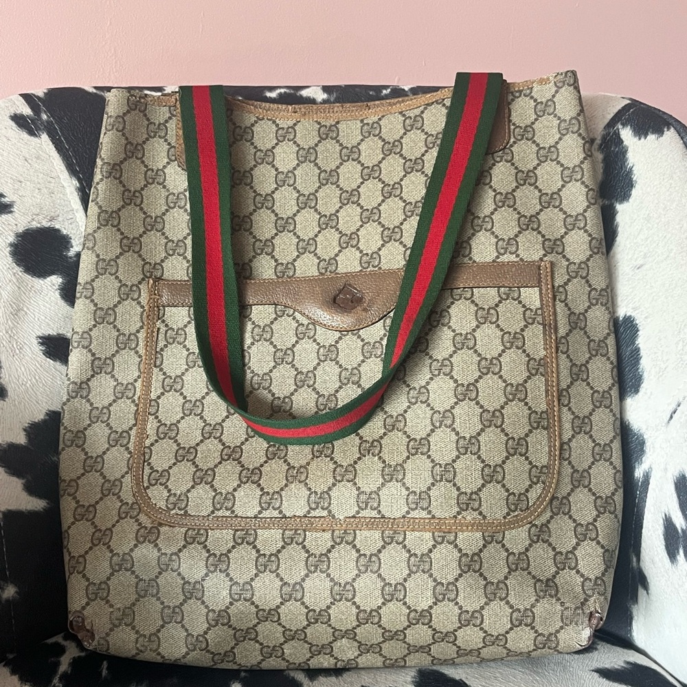 Gucci Beige and Brown Tote with Red and Green Straps